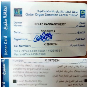 niyaz signed to donate Organs